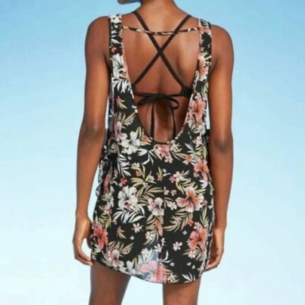 Xhilaration Side Tie Black Floral Lightweight Swim Coverup Dress Vacation Size S - Picture 3 of 10